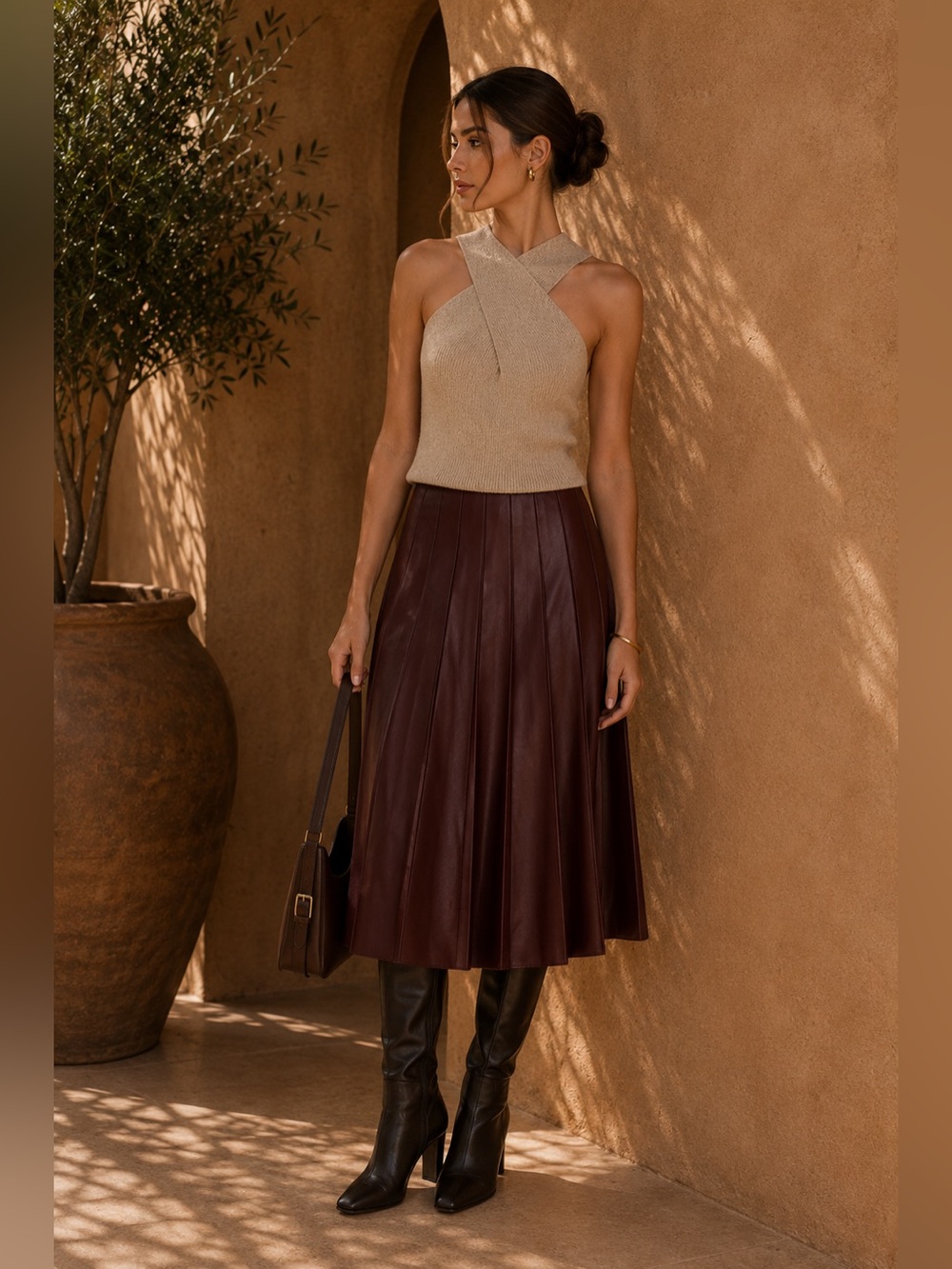 Commense Burgundy Faux Leather Pleated Midi Skirt XS | Fall Statement Skirt